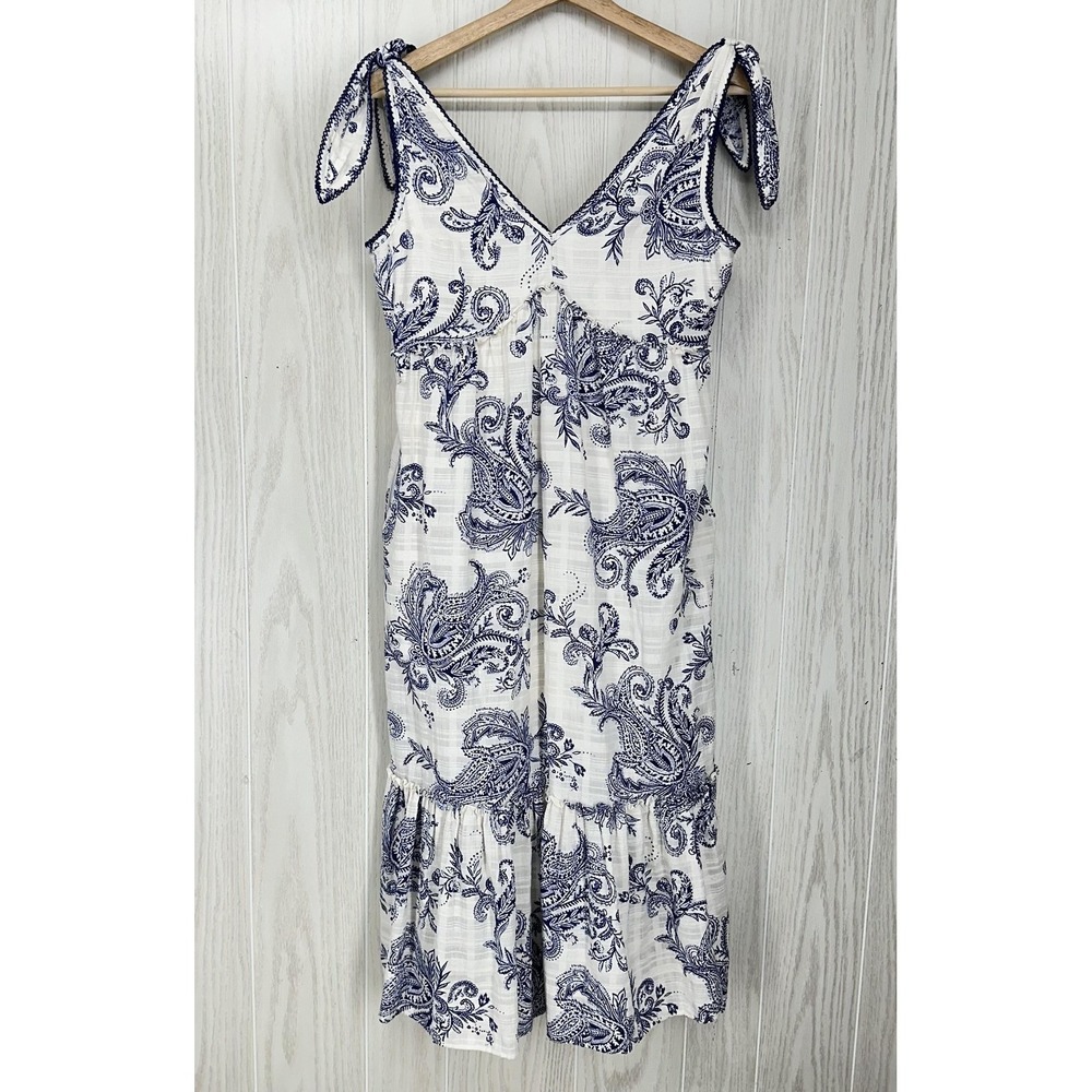 Lovestitch Cosette Dress Womens Medium White Blue Paisley Tie Strap‎ V Neck Midi